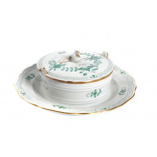 Butterdose 2-teilig, Indische Malerei 2 mit Kante, grün, Goldpunkte, Goldrand, 21 cm