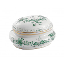 Dose, Indische Malerei 2 mit Kante, grün, Goldpunkte, Goldrand, L 12 cm