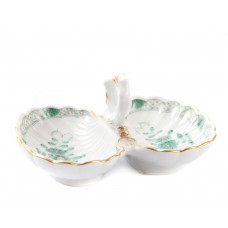 Salzgef&auml;&szlig;, Indische Malerei, gr&uuml;n, Goldpunkte, Goldrand, L 11,5 cm