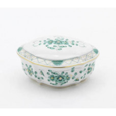 Dose, Indische Malerei, grün, Goldpunkte, Goldrand, L 10 cm