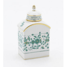 Teedose, Indische Malerei, grün, Goldpunkte, Goldrand, H 14 cm