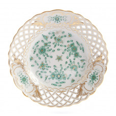 Teller, durchbr., Indische Malerei, grün, Goldpunkte, Goldrand und Goldstaffage, ø 15 cm