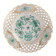 Teller, durchbr., Indische Malerei, grün, Goldpunkte, Goldrand und Goldstaffage, ø 19 cm