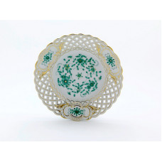 Teller, durchbr., Indische Malerei, grün, Goldpunkte, Goldrand und Goldstaffage, ø 21 cm