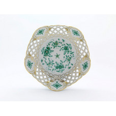 Schale, durchbr., Indische Malerei, grün, Goldpunkte, Goldrand und Goldstaffage, ø 23 cm