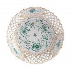 Schale, durchbr. rund, Indische Malerei, grün, Goldpunkte, Goldrand und Goldstaffage, ø 25 cm