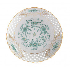 Schale, durchbr. rund, Indische Malerei,grün,Goldpunkte,Schilderornamente goldstaff.,Goldrand, ø 21 cm