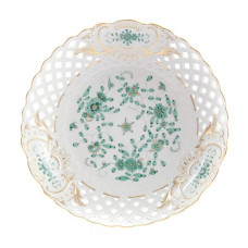 Schale, durchbr. rund, Indische Malerei,grün,Goldpunkte,Schilderornamente goldstaff.,Goldrand, ø 25 cm