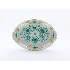 Korb, durchbr.  mit 2 Henkel, Indische Malerei,grün,Goldpunkte,Schilderornamente goldstaff.,Goldrand, L 25 cm