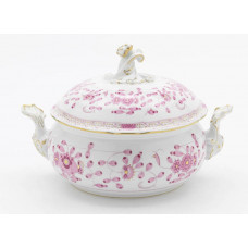 Terrine, rund mit Schnörkel, Indische Malerei, purpur, Goldpunkte, Goldrand, V 2,25 l