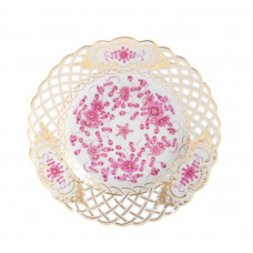 Teller, durchbr., Indische Malerei, purpur, Goldpunkte, Goldrand und Goldstaffage, ø 15 cm