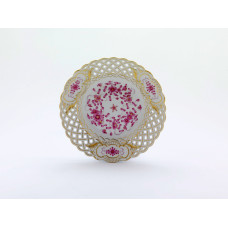 Teller, durchbr., Indische Malerei, purpur, Goldpunkte, Goldrand und Goldstaffage, ø 21 cm