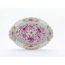 Korb, durchbr.  mit 2 Henkel, Indische Malerei,purpur,Goldpunkte,Schilderornamente goldstaff.,Goldr., L 25 cm