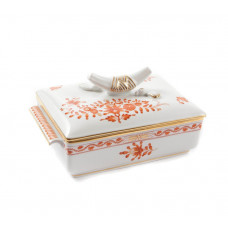 Dose, Indische Korallenrot-Malerei, rot, Goldpunkte, Goldrand, 12x8,5 cm