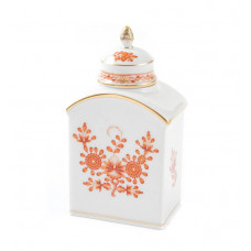 Teedose, Indische Korallenrot-Malerei, rot, Goldpunkte, Goldrand, H 14 cm