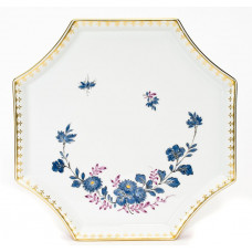 Platte,achteckig, Stil.Chrysanthemenzweige,h&auml;ngend,blau,Fond hellpurp.Goldkte.112c,Goldr, L 21 cm