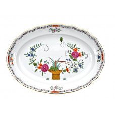 Platte, oval, Garbenmuster mit Kante, reich, bunt, Goldpunkte, Goldrand, L 35 cm