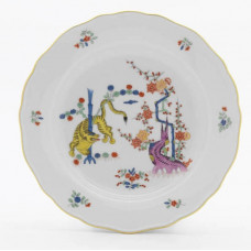 Teller, Alter reicher gelber Löwe, bunt mit Kupferfarben, Goldrand, ø 20 cm