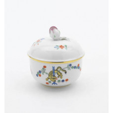 Zuckerdose, Alter reicher gelber Löwe, bunt mit Kupferfarben, Goldrand, Ø 9 cm