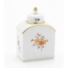 Teedose, Indisches Astmuster, bunt mit Kupferfarben, Goldrand, H 9,5 cm