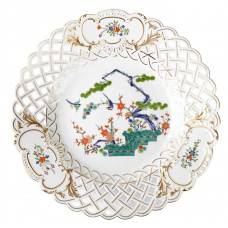 Teller, durchbr., Indisches Astmuster, bunt mit Kupferfarben, Goldrand und Goldstaffage, ø 29 cm