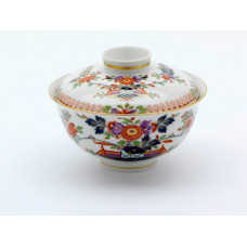 Sch&uuml;ssel m.Deck., Ganz altes reiches Tischchenmuster,m.Spiralk.,bunt m.Kupferf.,Goldrand, 13,5 cm