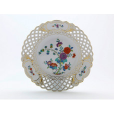 Teller, durchbr., Ind.Vogel-u.Blumenmalerei 99,o.Kte.bunt m.Kupferf.,Goldrand u.Goldst., ø 29 cm