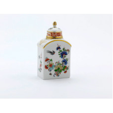 Teedose, Reiche Blumen-u.Insektenmal.m.Sonnenkte.bunt m.Kupferf.Golddekoration, H 14 cm