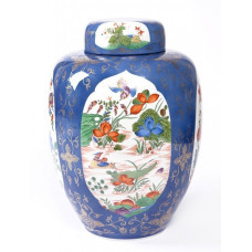 Vase, Ind.Malerei,bunt m.Kupferf.,hellkobaltbl.Fond,Goldranken,Goldblüten, H 39,5 cm