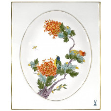 Wandplatte, Reiche ind.Malerei m.Blüten u.Blätt.,2 Vögel,bunt m.Kpff.2 reiche Knt., 20,5 x 25 cm