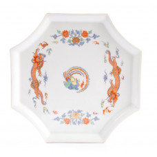 Platte,achteckig, Regenbogendrache,bunt mit Kupferfarben,farbig-und goldschatt.Goldrand, L 21 cm