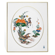 Wandplatte, Ostasiatische Blumenmalerei m.Flugdrachen u.zwei Vög.bunt m.Kpff.Gldr., 20,5 x 25 cm