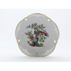 Schale, durchbr., Ind.Blüten u.Blätter,kantig gest.Fels,Vogel a.Stamm,bunt m.Kpff.Goldr., ø 23,5 cm