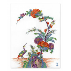 Platte,eck. o.M. (m.M. 58m01), Felsst&uuml;ck m.verzweigt.Stamm, Blattwerk,gro&szlig;e ind.Blumen,Vogel i.Astw., 25x17,5 cm