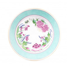 Teller, Ind.Blumenzweige a.Doppelfaden aufsitz,Gitternetzkte.reich,Goldstaff., ø 19 cm