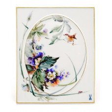 Wandplatte, Vogelmotive nach Gruber, bunt  Goldrand, 20,5 x 25 cm