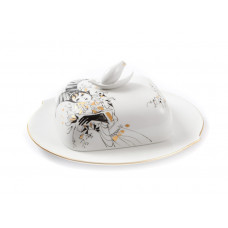 Butterdose, Festlicher Ball, Federarbeit, türkisblau glasiert, Goldrand, L 22 cm