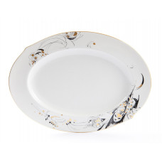 Platte, oval, Festlicher Ball, Federarbeit, t&uuml;rkisblau glasiert, Goldrand, L 35 cm