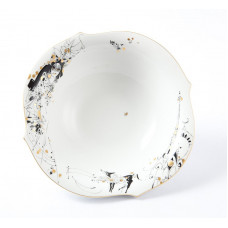 Sch&uuml;ssel, rund, Festlicher Ball, Federarbeit, t&uuml;rkisblau glasiert, Goldrand, &oslash; 27 cm