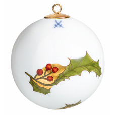 Kugel, Stechpalme, Federzeichnung rot, grün und gold, Goldflächen, weißer Rand, ø 5 cm