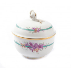 Zuckerdose, Distel, purpur, grünes Band, Goldrand, Ø 9 cm