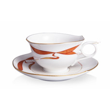 Teetasse m.U., Wasservögel, korallenrot, Goldrand, V 0,17 l