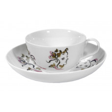 Milchkaffeetasse, Gestreute Silhouetten,schwarz gezeichn.u.farbig ausgelegt,weißer Rand, H 10 cm