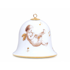 Miniatur-Glocke, Weihnachtsmotiv, Engel mit Flöte, sepia und gold, Goldrand, H 5 cm