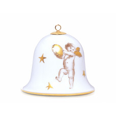 Miniatur-Glocke, Weihnachtsmotiv, Engel mit Tamburin, sepia und gold, Goldrand, H 5 cm