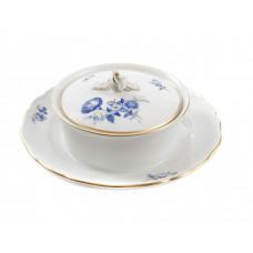 Butterdose 2-teilig, Blumenbukett, kobaltblau, Goldgräser, Goldrand, Aquatinta, 18 cm