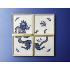 Sch&auml;lchen, eckig, Mingdrache, ohne Kante, reich, kobaltblau, goldschattiert, Aquatinta, 8x8 cm