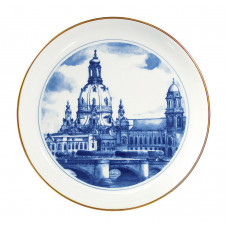 Wandschale, Dresden, Frauenkirche, blauer Faden ums Motiv, Goldrand, Aquatinta,