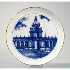 Wandschale, Dresden, Kronentor, kobaltblau, blauer Faden um das Motiv, Goldrand,