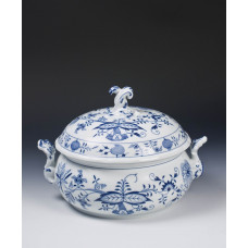 Terrine, rund mit Schnörkel, Zwiebelmuster, kobaltblau, weißer Rand, V 2,25 l